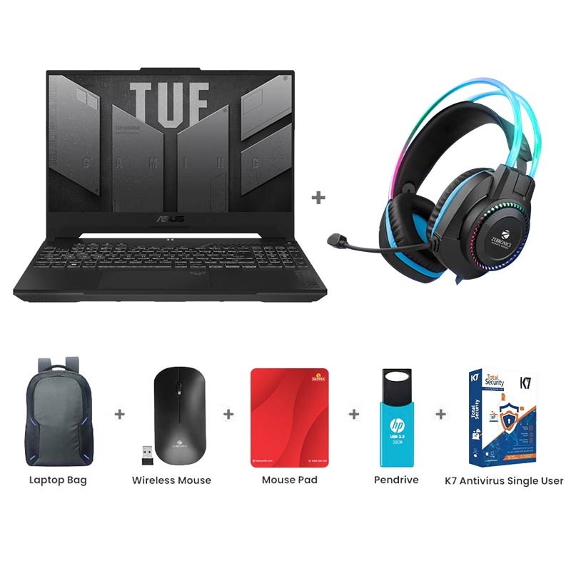 Picture of Asus TUF Gaming F15 - Intel Core i7-13620H 15.6" (39.62cm) FX507VU-LP210W Gaming Laptop (16GB/ 512GB SSD/ Full HD Display/ Windows 11 Home/ NVIDIA GeForce RTX 4050/ 1Year Warranty/ Mecha Gray/2.20 Kg) Zebronics Zeb-Jet Premium Gaming Headphone + Laptop Bag + Wireless Mouse + Mouse Pad + Pendrive + K7 Antivirus Single User